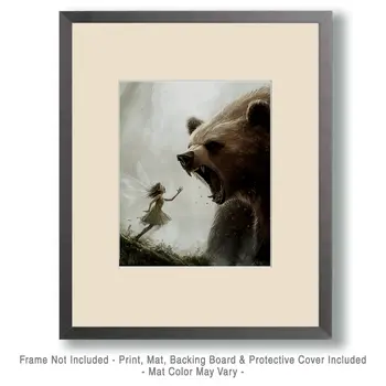 Fairy Takes On Bear - Fairies Wall Art Prints – 8″x10″ Artwork for 11″x14″ Frame