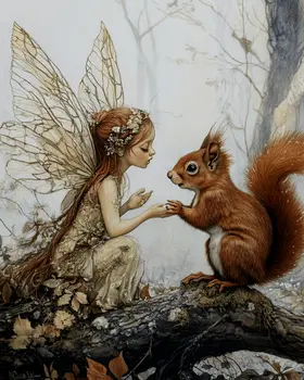 Fairy Confides in Red Squirrel - Fairies Wall Art Prints – 8″x10″ Artwork for 11″x14″ Frame
