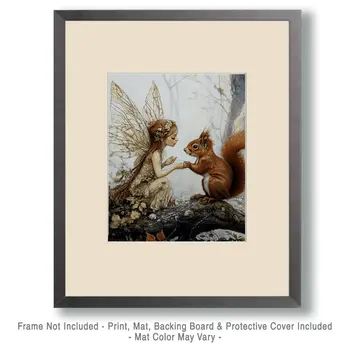 Fairy Confides in Red Squirrel - Fairies Wall Art Prints – 8″x10″ Artwork for 11″x14″ Frame