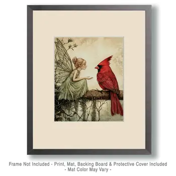 Fairy Confides in Cardinal (Bird) - Fairies Wall Art Prints – 8″x10″ Artwork for 11″x14″ Frame