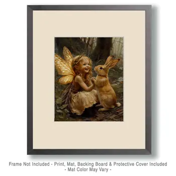 Fairy Laughing with Bunny Rabbit - Fairies Wall Art Prints – 8″x10″ Artwork for 11″x14″ Frame
