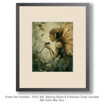 Fairy Holding a Dragonfly - Fairies Wall Art Prints – 8″x10″ Artwork for 11″x14″ Frame