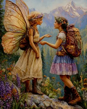 Fairy Giving Hiker Directions - Fairies Wall Art Prints – 8″x10″ Artwork for 11″x14″ Frame