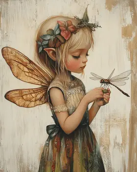 Young Fairy and Her Dragonfly - Fairies Wall Art Prints – 8″x10″ Artwork for 11″x14″ Frame