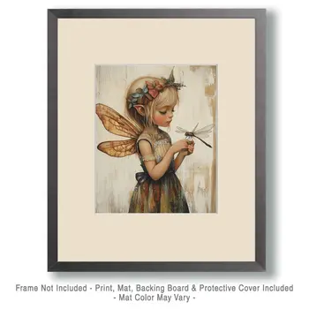 Young Fairy and Her Dragonfly - Fairies Wall Art Prints – 8″x10″ Artwork for 11″x14″ Frame