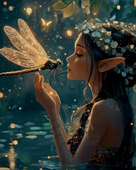 Fairy and Dragonfly Dreaming - Fairies Wall Art Prints – 8″x10″ Artwork for 11″x14″ Frame