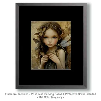 Young Fairy and Her Dragonfly Friend - Fairies Wall Art Prints – 8″x10″ Artwork for 11″x14″ Frame