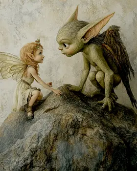 Fairy Gives Advice to Gremlin - Fairies Wall Art Prints – 8″x10″ Artwork for 11″x14″ Frame