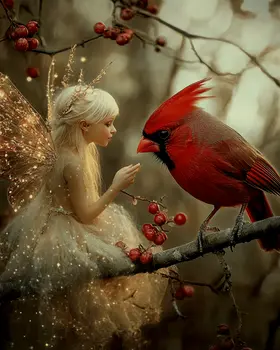 Fairy Talking to a Cardinal (Bird) - Fairies Wall Art Prints – 8″x10″ Artwork for 11″x14″ Frame