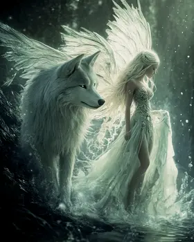 White Fairy with Her White Wolf - Fairies Wall Art Prints – 8″x10″ Artwork for 11″x14″ Frame
