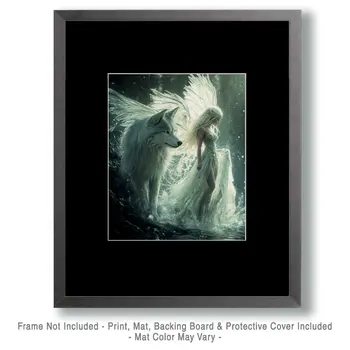 White Fairy with Her White Wolf - Fairies Wall Art Prints – 8″x10″ Artwork for 11″x14″ Frame