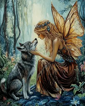 Fairy with Her Young Wolf - Fairies Wall Art Prints – 8″x10″ Artwork for 11″x14″ Frame