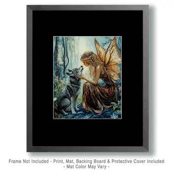 Fairy with Her Young Wolf - Fairies Wall Art Prints – 8″x10″ Artwork for 11″x14″ Frame
