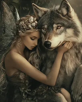 Fairy with Her Wolf  - Fairies Wall Art Prints – 8″x10″ Artwork for 11″x14″ Frame