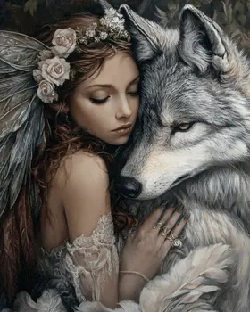 Fairy and Her Wolf Friend - Fairies Wall Art Prints – 8″x10″ Artwork for 11″x14″ Frame