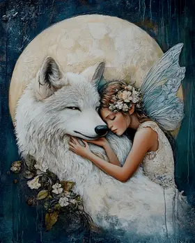 Full Moon White Fairy and White Wolf - Fairies Wall Art Prints – 8″x10″ Artwork for 11″x14″ Frame