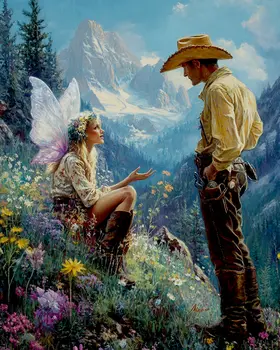 Fairy Talking to Cowboy - Fairies Wall Art Prints – 8″x10″ Artwork for 11″x14″ Frame