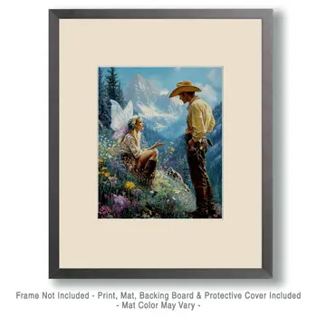 Fairy Talking to Cowboy - Fairies Wall Art Prints – 8″x10″ Artwork for 11″x14″ Frame