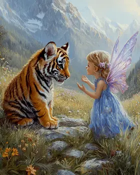 Fairy Talking with Tiger Cub - Fairies Wall Art Prints – 8″x10″ Artwork for 11″x14″ Frame