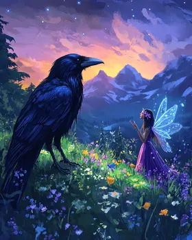 Fairy Talking with a Raven - Fairies Wall Art Prints – 8″x10″ Artwork for 11″x14″ Frame