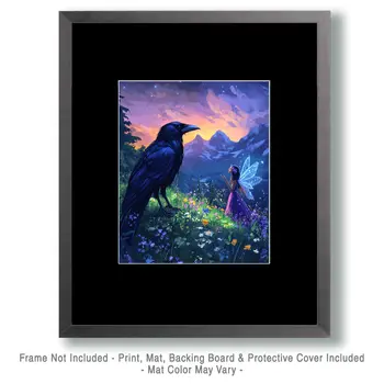 Fairy Talking with a Raven - Fairies Wall Art Prints – 8″x10″ Artwork for 11″x14″ Frame
