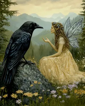 Fairy Confiding in a Raven - Fairies Wall Art Prints – 8″x10″ Artwork for 11″x14″ Frame