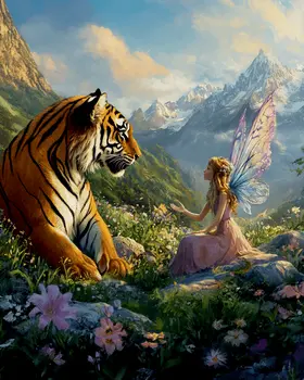 Fairy Confiding in a Tiger - Fairies Wall Art Prints – 8″x10″ Artwork for 11″x14″ Frame