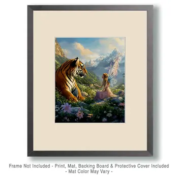 Fairy Confiding in a Tiger - Fairies Wall Art Prints – 8″x10″ Artwork for 11″x14″ Frame