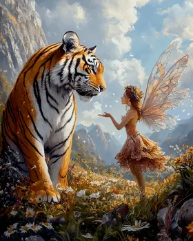 Fairy Talking to a Tiger - Fairies Wall Art Prints – 8″x10″ Artwork for 11″x14″ Frame