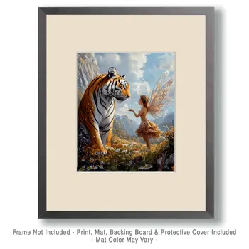 Fairy Talking to a Tiger - Fairies Wall Art Prints – 8″x10″ Artwork for 11″x14″ Frame
