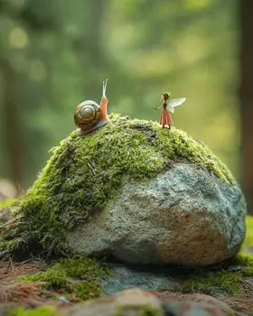 Fairy and Snail Arguing on a Moss Rock - Fairies Wall Art Prints – 8″x10″ Artwork for 11″x14″ Frame