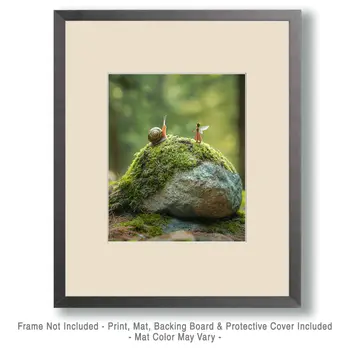 Fairy and Snail Arguing on a Moss Rock - Fairies Wall Art Prints – 8″x10″ Artwork for 11″x14″ Frame