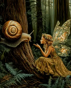 Fairy Having a Conversation with a Snail - Fairies Wall Art Prints – 8″x10″ Artwork for 11″x14″ Frame