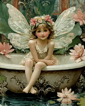 Fairy Lillie in Bathtub - Fairies Wall Art Prints – 8″x10″ Artwork for 11″x14″ Frame