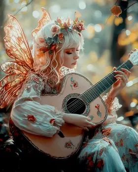 Fairy Playing Acoustic Guitar - Fairies Wall Art Prints – 8″x10″ Artwork for 11″x14″ Frame