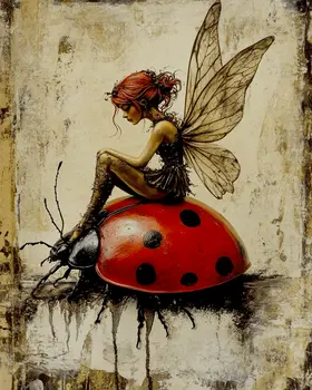 Fairy on Ladybug - Fairies Wall Art Prints – 8″x10″ Artwork for 11″x14″ Frame