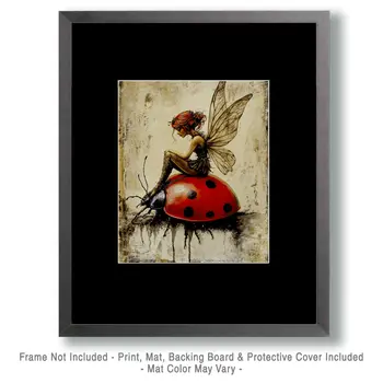 Fairy on Ladybug - Fairies Wall Art Prints – 8″x10″ Artwork for 11″x14″ Frame