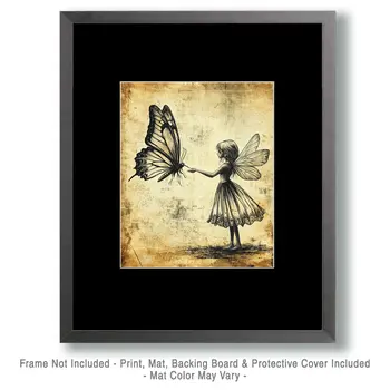 Fairy Feeding Butterfly - Fairies Wall Art Prints – 8″x10″ Artwork for 11″x14″ Frame