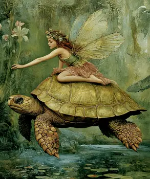 Fairy Giving Turtle Directions - Fairies Wall Art Prints – 8″x10″ Artwork for 11″x14″ Frame