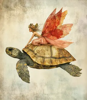 Fairy Riding Turtle - Fairies Wall Art Prints – 8″x10″ Artwork for 11″x14″ Frame