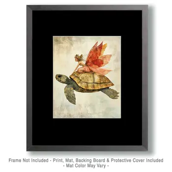 Fairy Riding Turtle - Fairies Wall Art Prints – 8″x10″ Artwork for 11″x14″ Frame