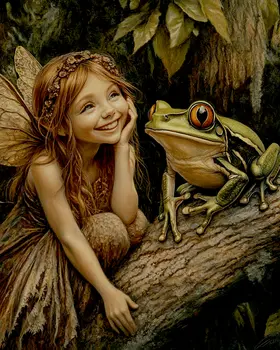 Fairy Laughing with Frog - Fairies Wall Art Prints – 8″x10″ Artwork for 11″x14″ Frame