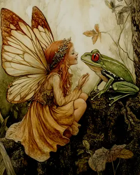 Fairy Whispering to Frog - Fairies Wall Art Prints – 8″x10″ Artwork for 11″x14″ Frame