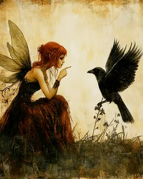 Fairy Scolding Raven - Fairies Wall Art Prints – 8″x10″ Artwork for 11″x14″ Frame