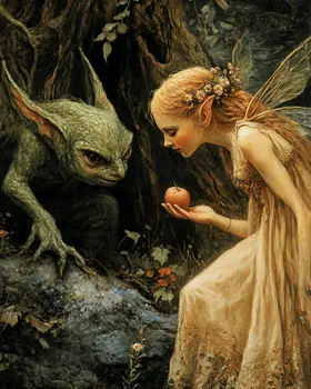 Fairy Feeds Goblin - Fairies Wall Art Prints – 8″x10″ Artwork for 11″x14″ Frame