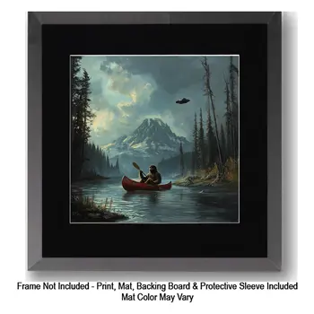 Bigfoot Canoeing under Alien Space Ship - Bigfoot and Alien Wall Art Prints – 8″x10″ Artwork in 11″x14″ Mat