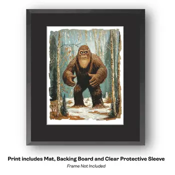 Bigfoot Collograph Print - Bigfoot Folk Art Prints – 8″x10″ Artwork in 11″x14″ Mat