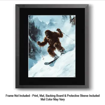 Bigfoot Hotdoggin' It - Bigfoot Skiing and Sasquatch Wall Art Prints – 8″x10″ Artwork in 11″x14″ Mat