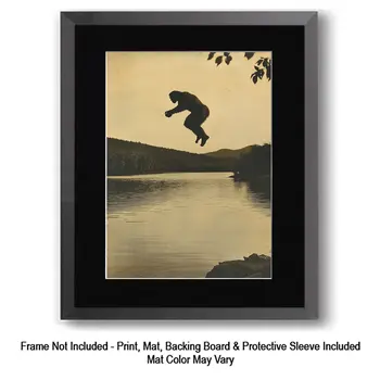 Vintage Photo Bigfoot Jumping into Lake - Bigfoot and Sasquatch Wall Art Prints – 8″x10″ Artwork in 11″x14″ Mat