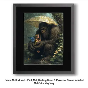 Bigfoot Shielding a Fairy From Rainfall Wall Art Prints – 8″x10″ Artwork in 11″x14″ Mat